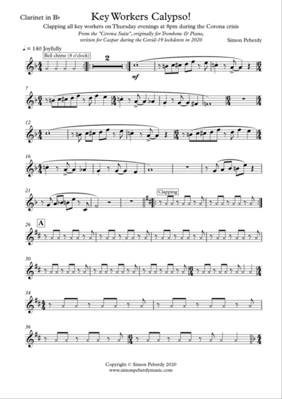 Key Workers Calypso for Clarinet and Piano from the Corona Suite by Simon Peberdy