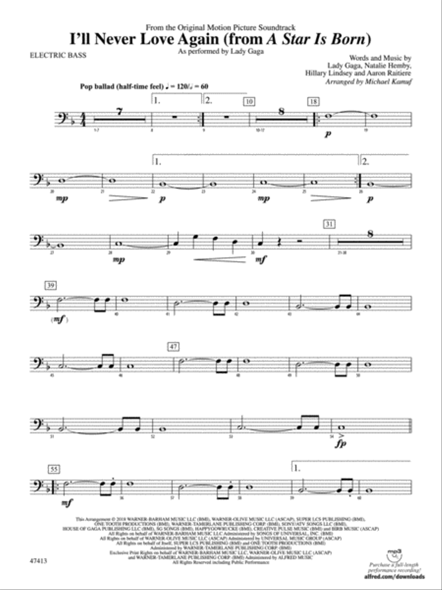 I'll Never Love Again (from A Star Is Born): Electric Bass Concert Band scores gallery preview page 1