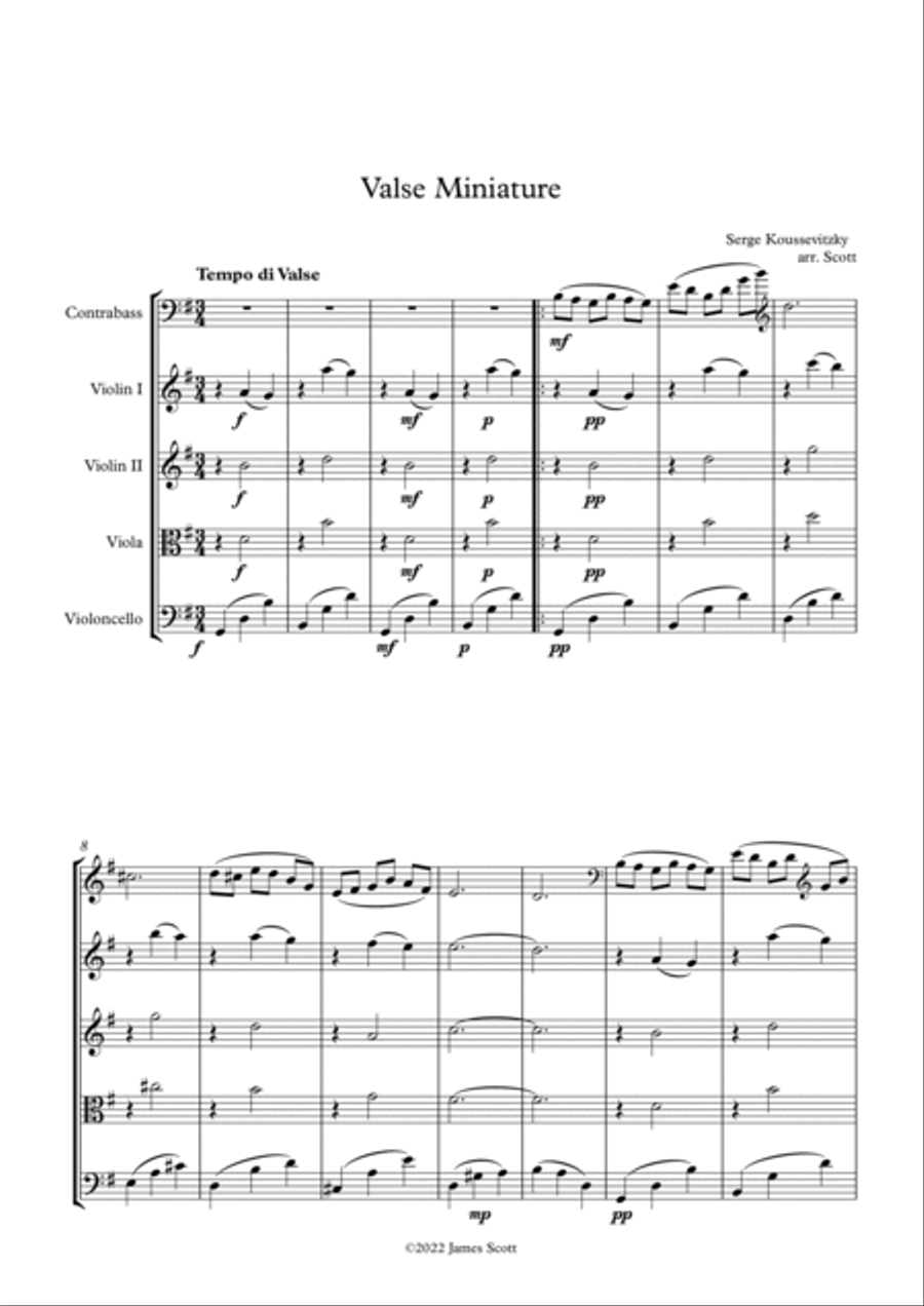 Valse Miniature arranged for double bass in orchestra tuning and string quartet/string orchestra. Valse Miniature arranged for double bass in orchestra tuning and string quartet/string orchestra. String Quartet scores gallery preview page 2
