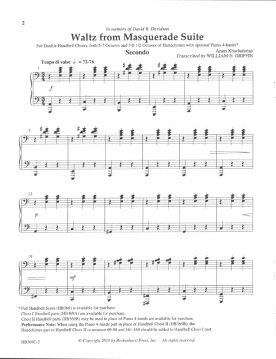 Waltz from Masquerade Suite - alternate piano part replacing HB choir II Handbell Choir scores gallery preview page 2