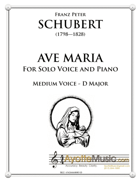Schubert Ave Maria for Medium Voice in D Major