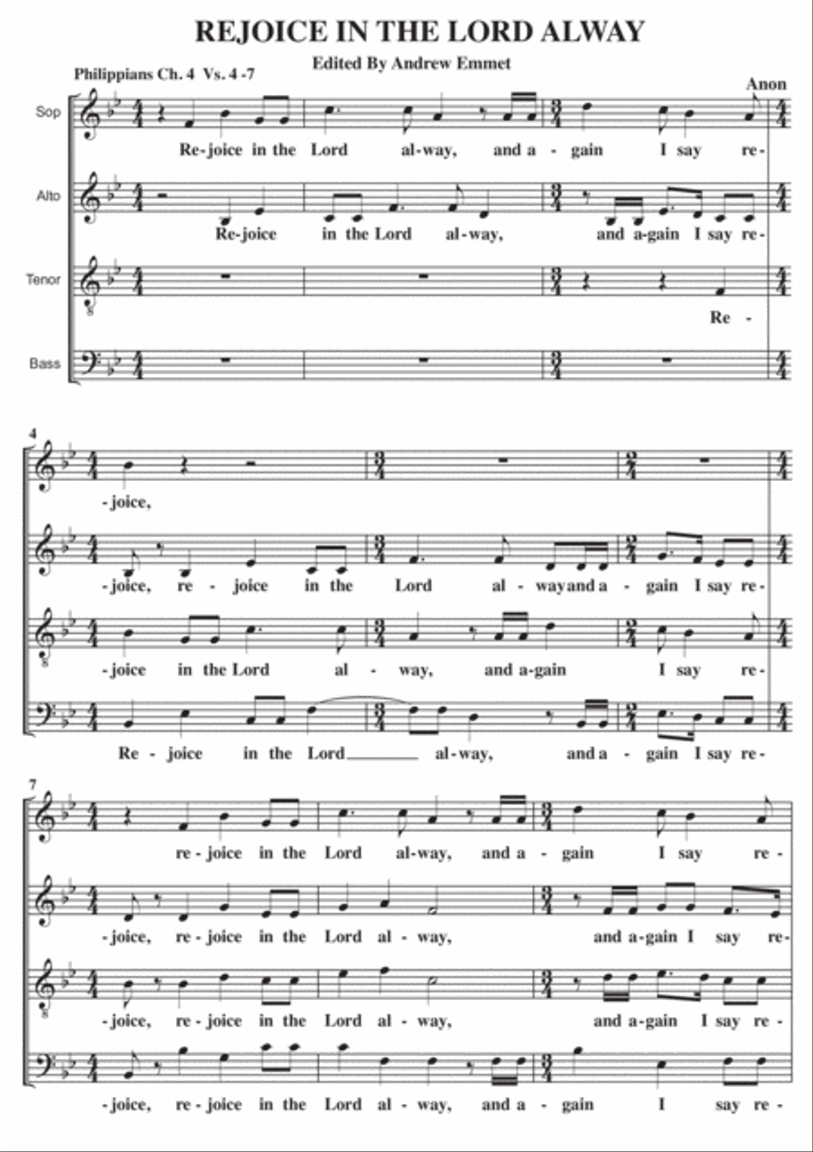 Rejoice In The Lord Alway A Cappella SATB 4-Part scores gallery preview page 1