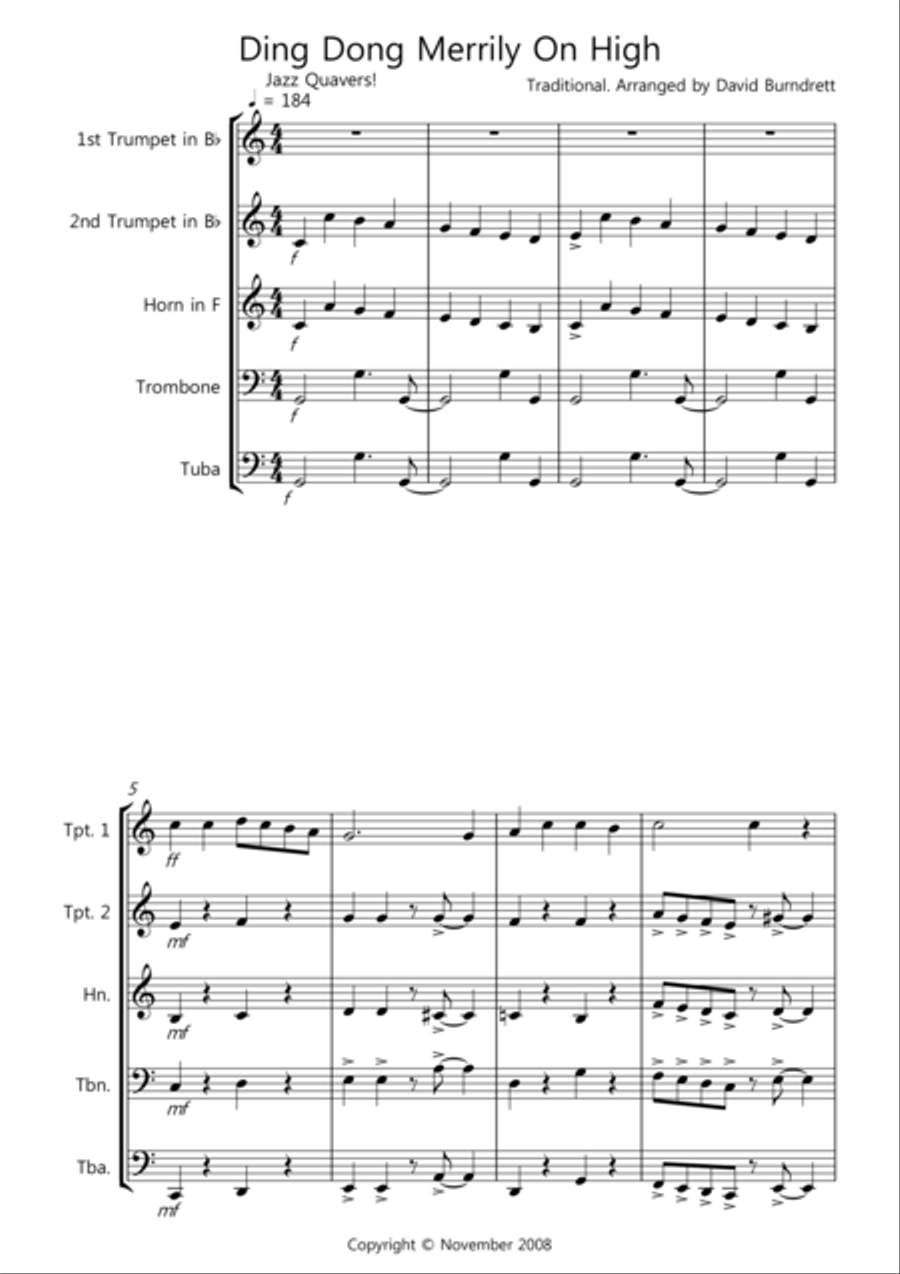 Ding Dong Merrily On High (Jazzy Style!) for Brass Quintet Brass Quintet scores gallery preview page 1