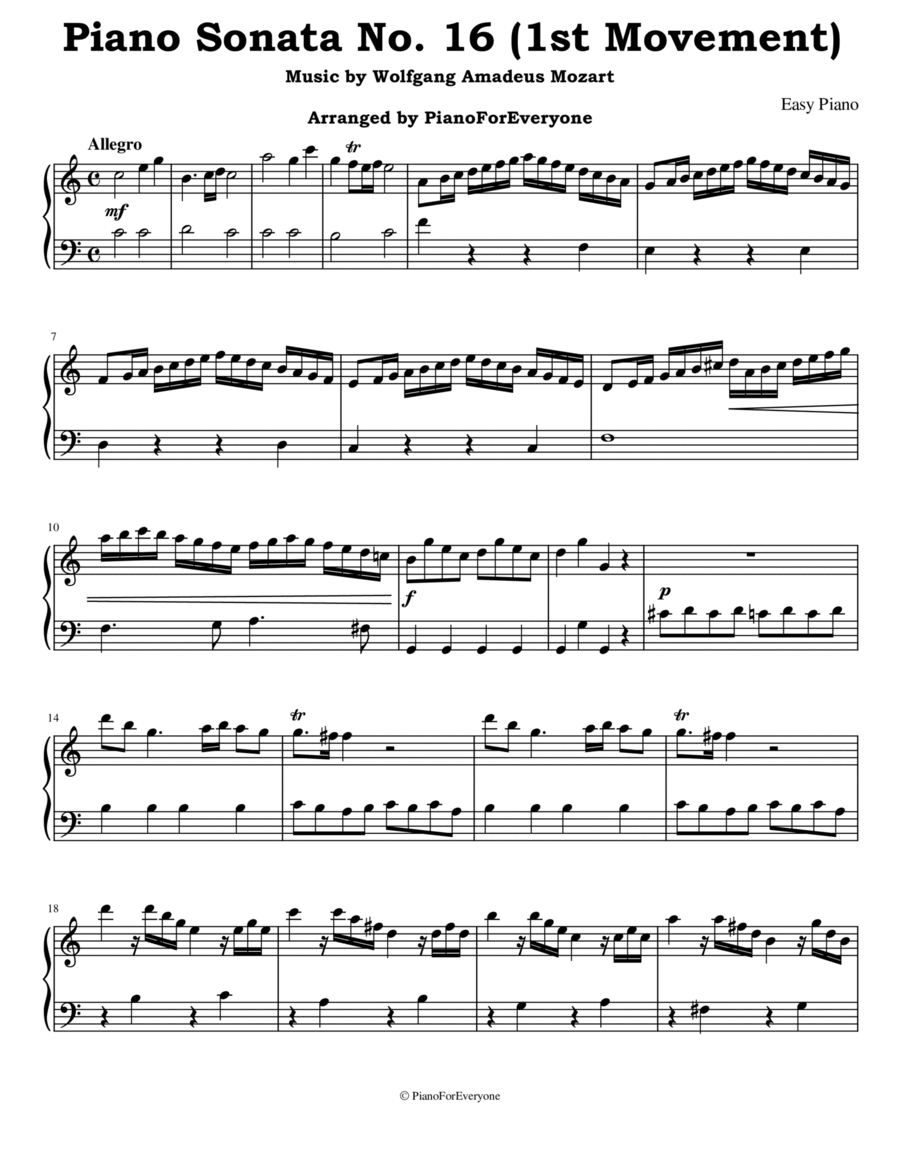 Piano Sonata No. 16 (1st Movement) - Mozart (Easy Piano) image number null