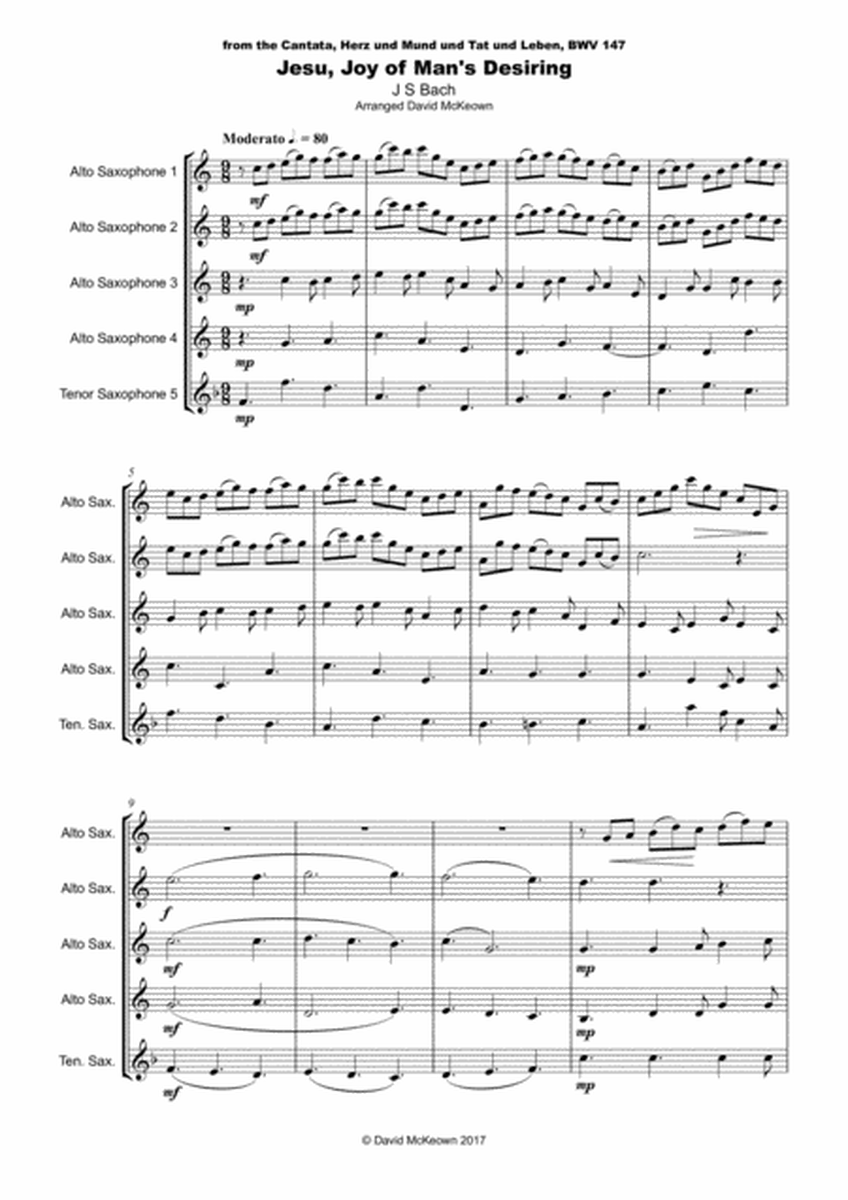 Jesu Joy of Man's Desiring, J S Bach, for Saxophone Quintet image number null