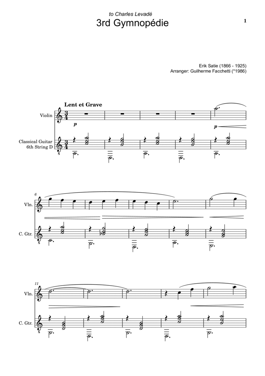 Erik Satie - 3rd Gymnopédie. Arrangement for Violin and Classical Guitar image number null
