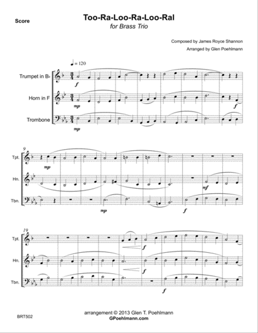 TOO RA LOO RA LOO RAL for BRASS TRIO (unaccompanied) Brass Trio scores gallery preview page 1