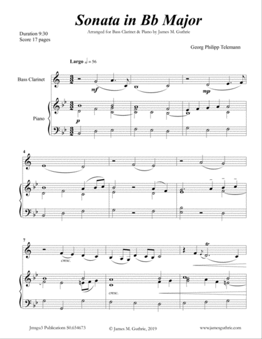 Telemann: Sonata in Bb Major for Bass Clarinet & Piano Bass Clarinet scores gallery preview page 1