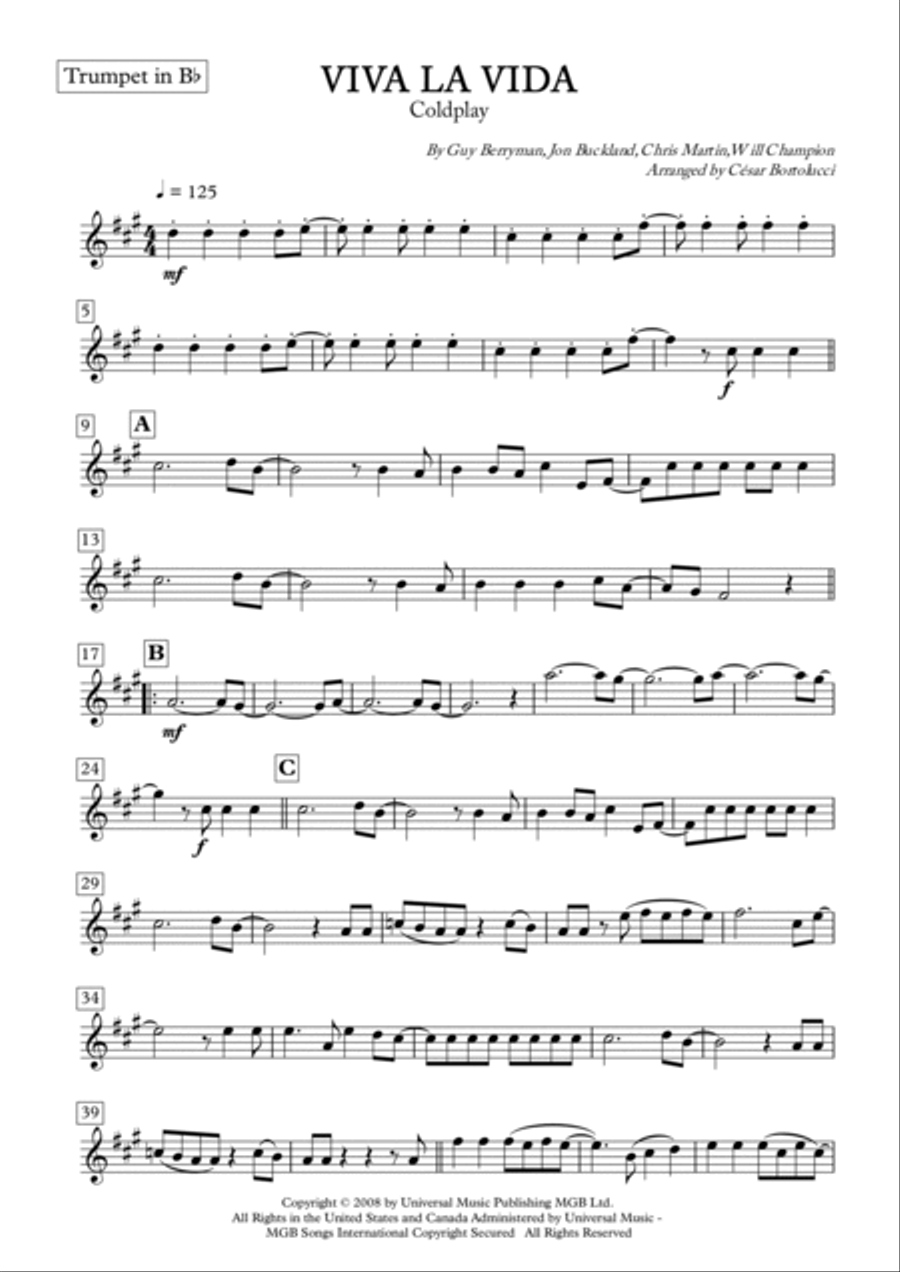 Viva La Vida Trumpet Solo scores gallery preview page 2