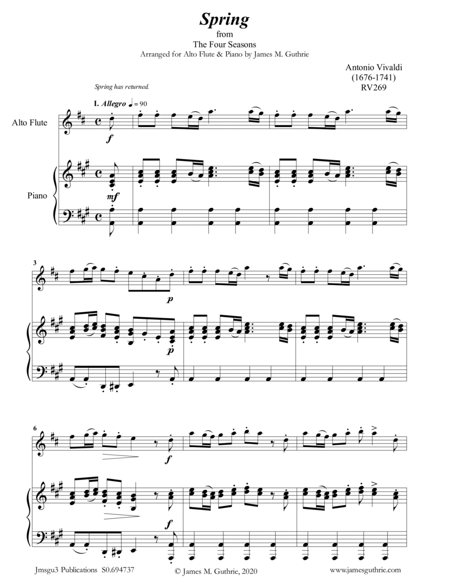 Vivaldi: Spring from the Four Seasons for Alto Flute & Piano Flute scores gallery preview page 1