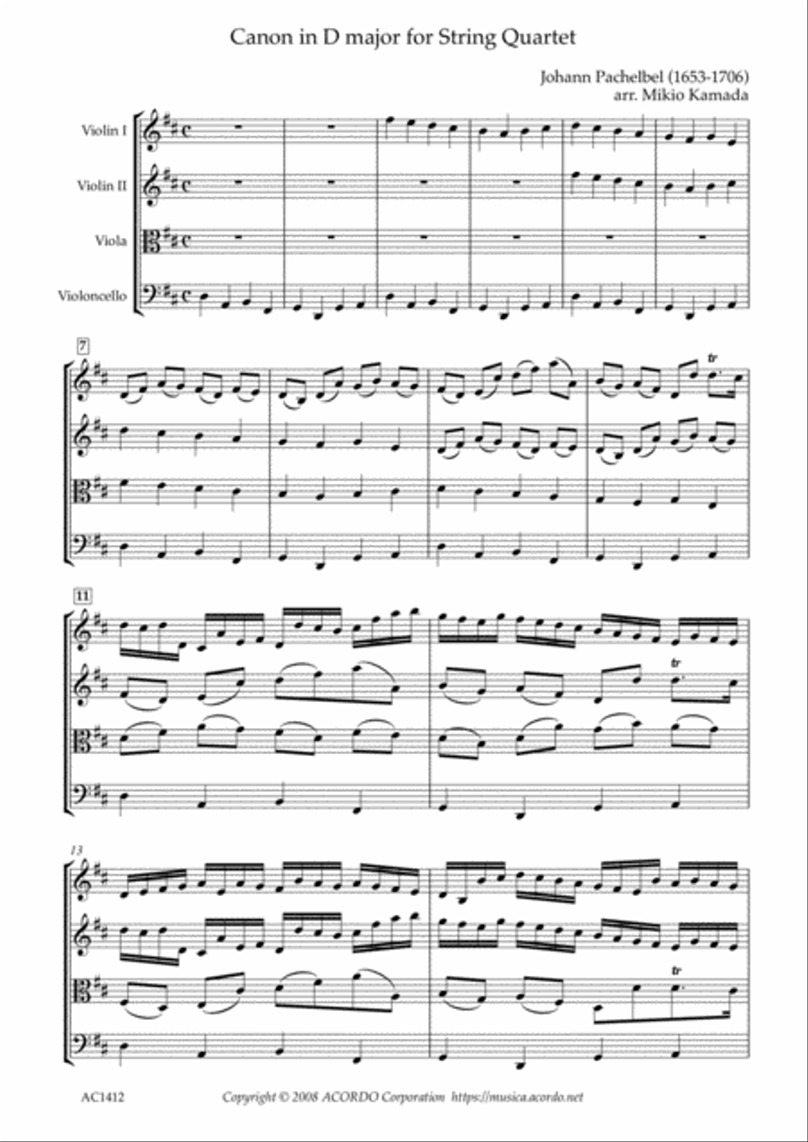 Canon in D major for String Quartet String Quartet scores gallery preview page 1
