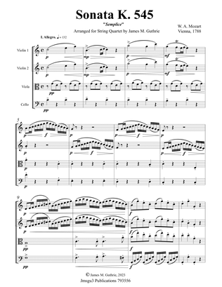 Book cover for Mozart: Sonata K. 545 "Semplice" for String Quartet
