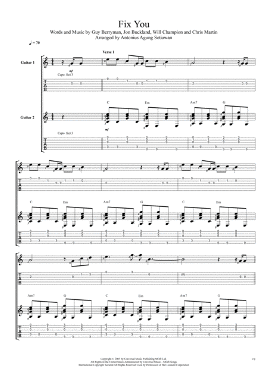 Fix You Guitar Tablature scores gallery preview page 1