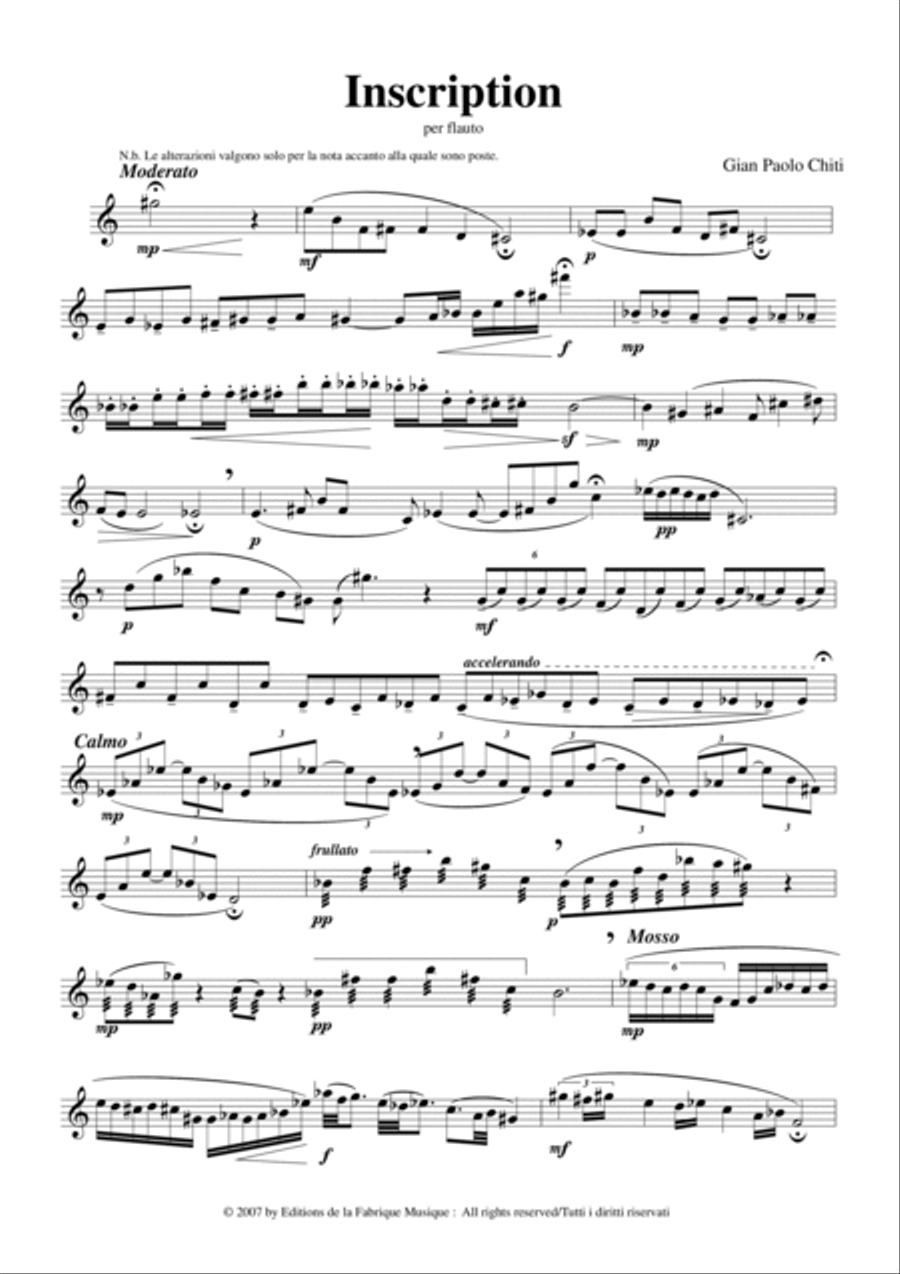 Gian Paolo Chiti: Inscription for solo flute Flute Solo scores gallery preview page 2