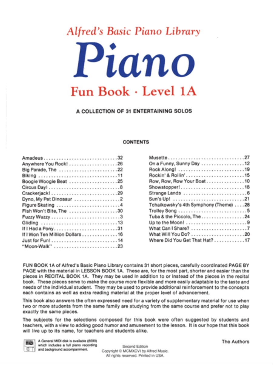 Alfred's Basic Piano Course Fun Book, Level 1A