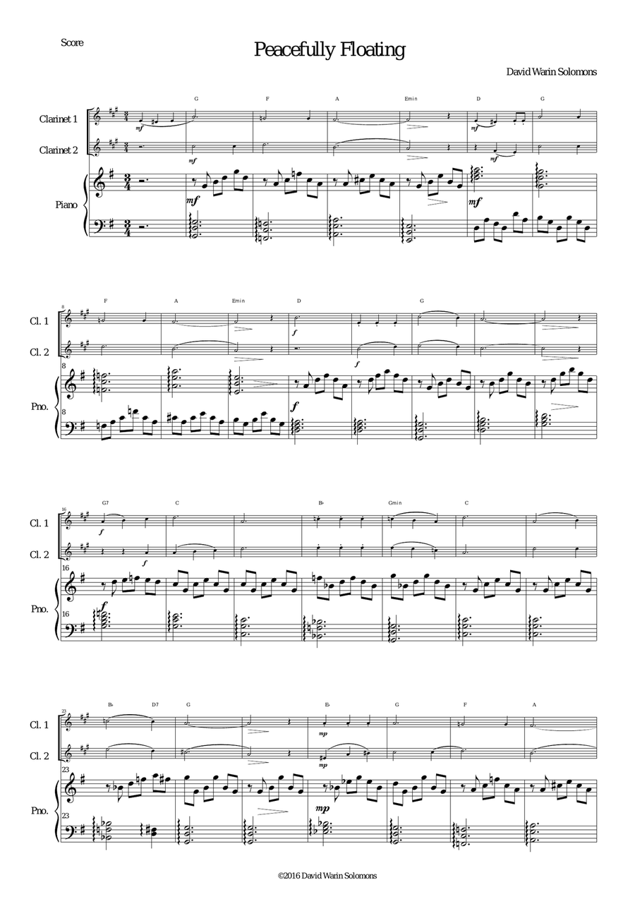 Peacefully Floating for 2 clarinets and piano (and optional guitar chords) Clarinet Duet scores gallery preview page 1
