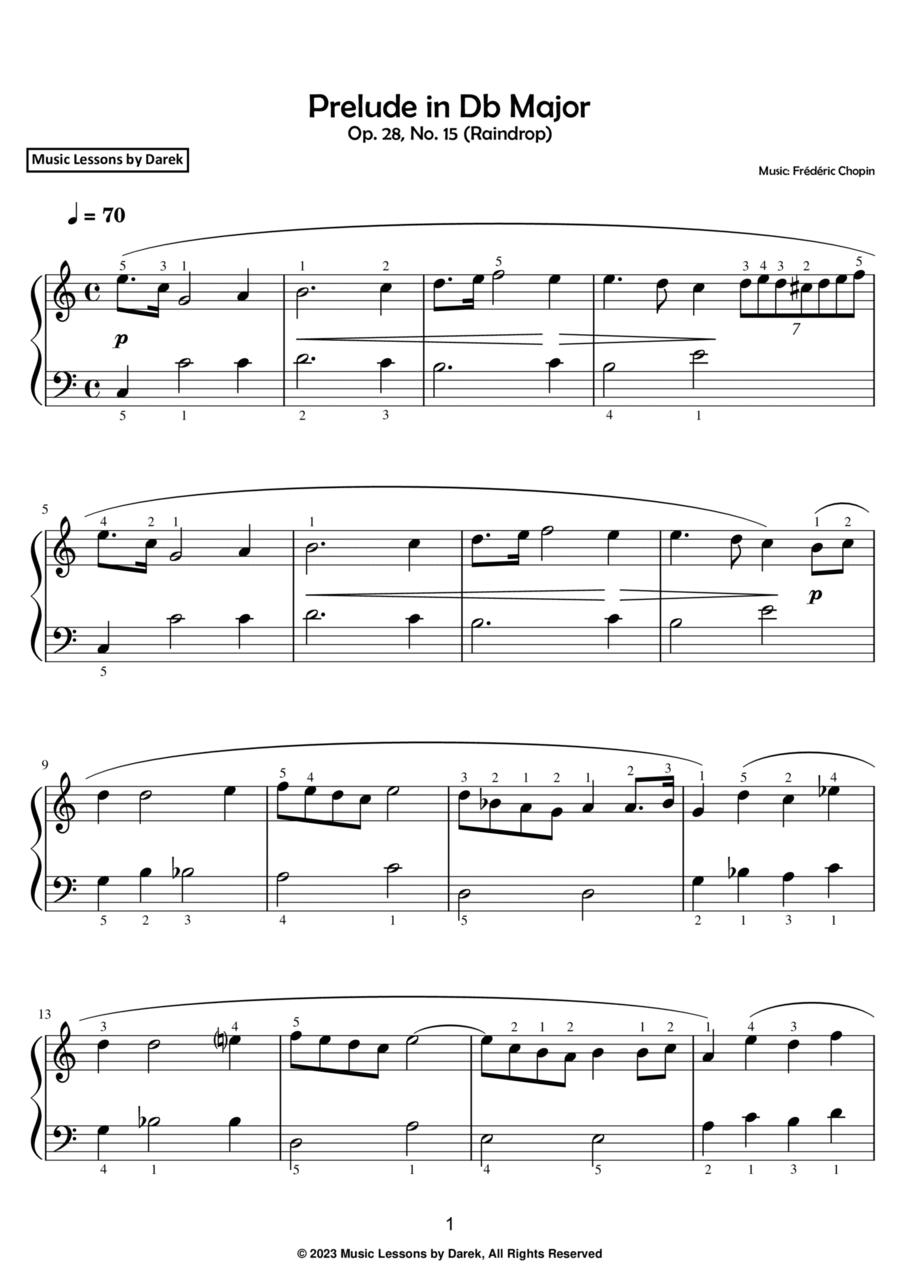 Prelude in Db Major (EASY PIANO) Op. 28, No. 15 (Raindrop) [Frédéric Chopin] Easy Piano scores gallery preview page 1