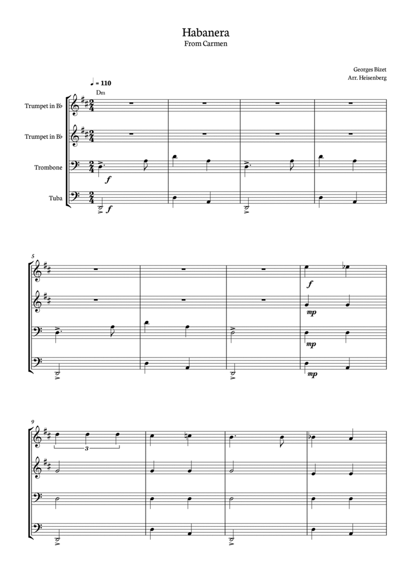 Habanera - Carmen - Georges Bizet, for Brass Quartet in a easy version with chords image number null