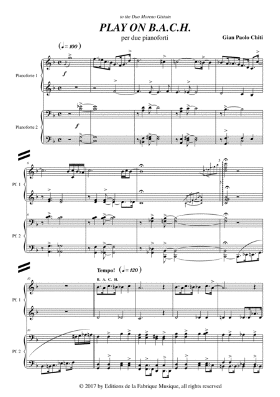 Gian Paolo Chiti: Play On B.A.C.H. for two pianos 2 Pianos, 4-Hands scores gallery preview page 2