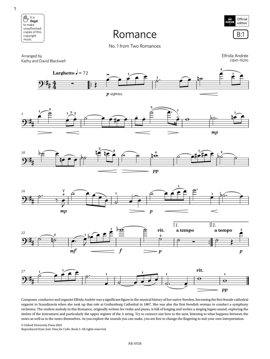Romance No. 1 (Grade 5, B1, from the ABRSM Cello Syllabus from 2024) Cello Solo scores gallery preview page 1