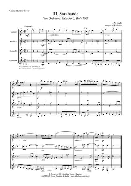 Orchestral Suite No. 2, BWV 1067, mov. 2-7 for guitar quartet