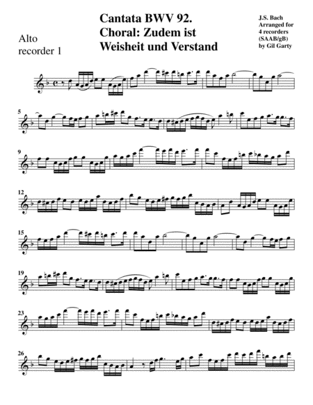Zudem ist Weisheit und Verstand from cantata BWV 92 (Arrangement for 4 recorders) image number null