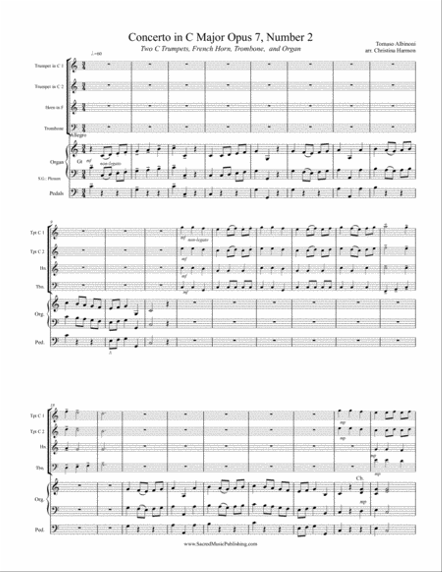 Albinoni Concerto in C Major Opus 7, Number 2 - Brass Quartet and Organ Small Ensemble scores gallery preview page 2