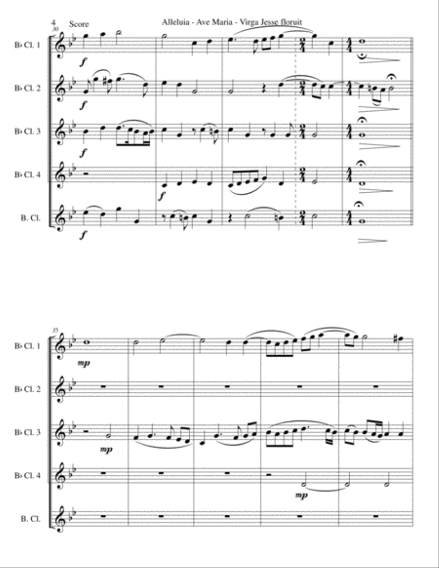 Alleluia - Ave Maria - Virga Jesse floruit arranged for clarinet quintet (4 B flats and 1 bass) Clarinet Quintet scores gallery preview page 4