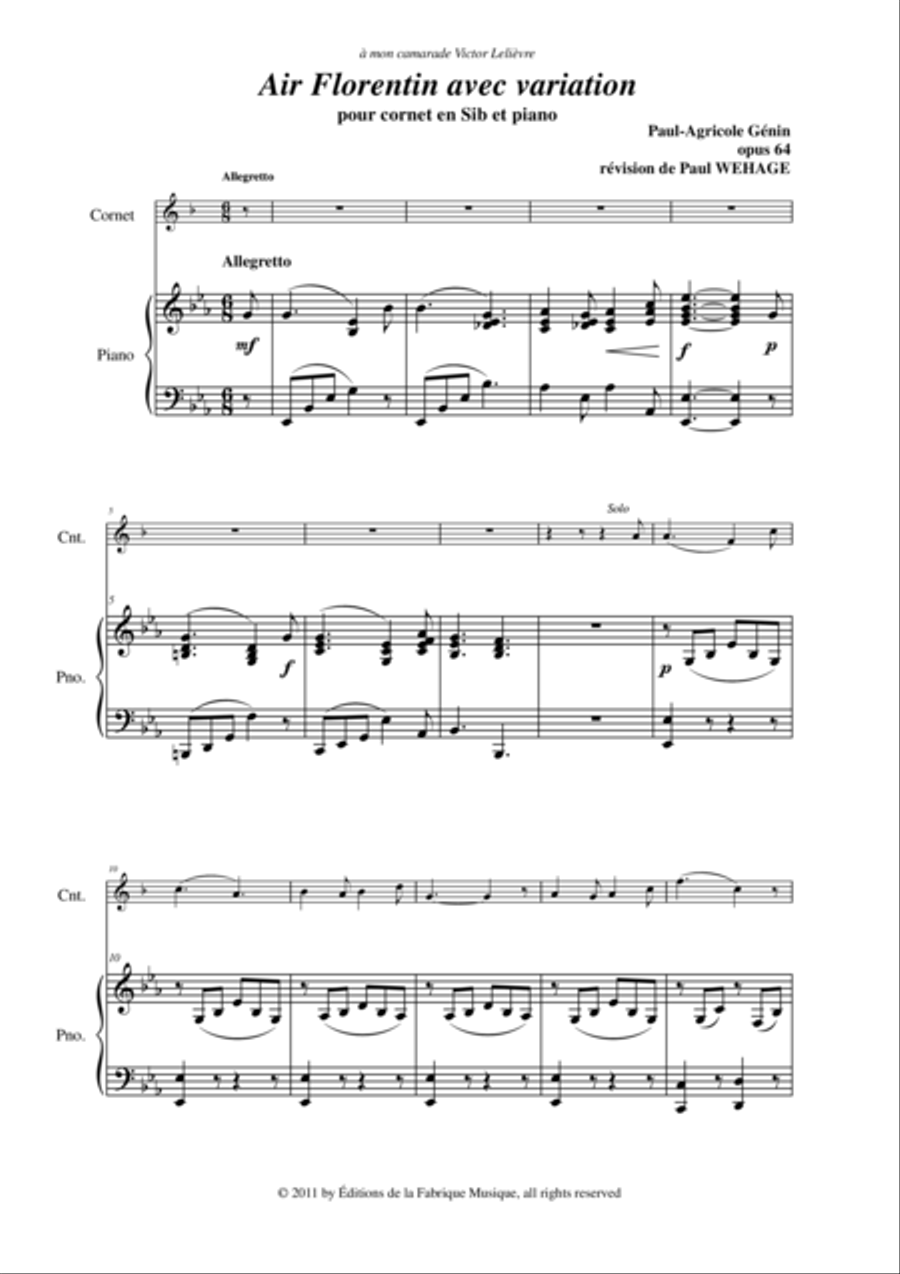 Paul-Agricole GÉNIN: Air Florentin avec Variation Opus 65 for Bb cornet and piano Cornet scores gallery preview page 2