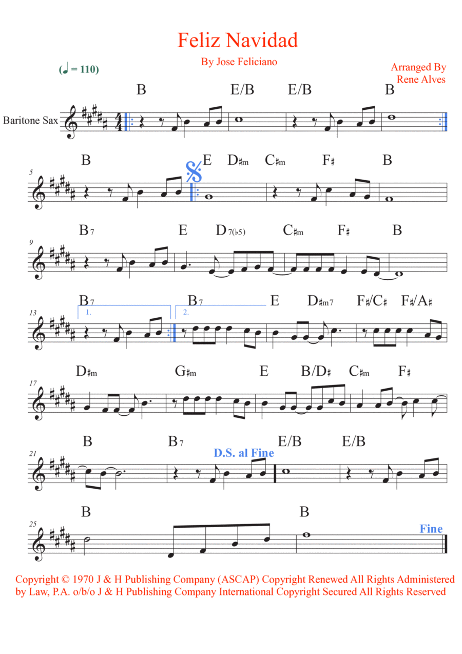 Feliz Navidad Baritone Saxophone scores gallery preview page 1
