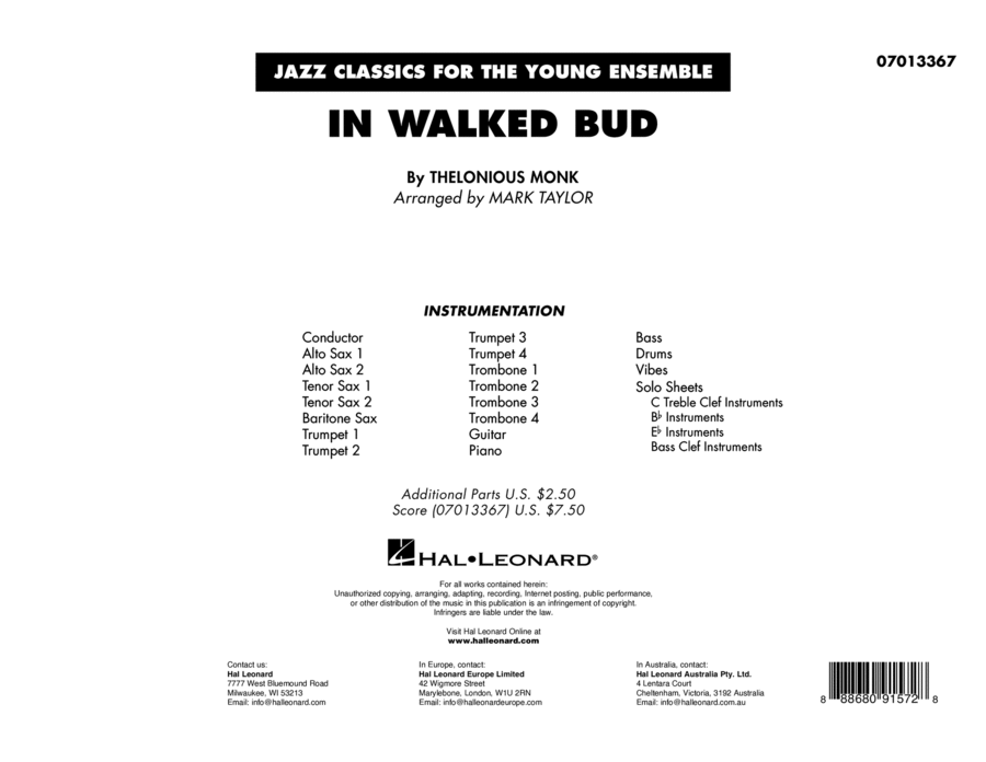In Walked Bud (arr. Mark Taylor) - Conductor Score (Full Score) Jazz Ensemble scores gallery preview page 1