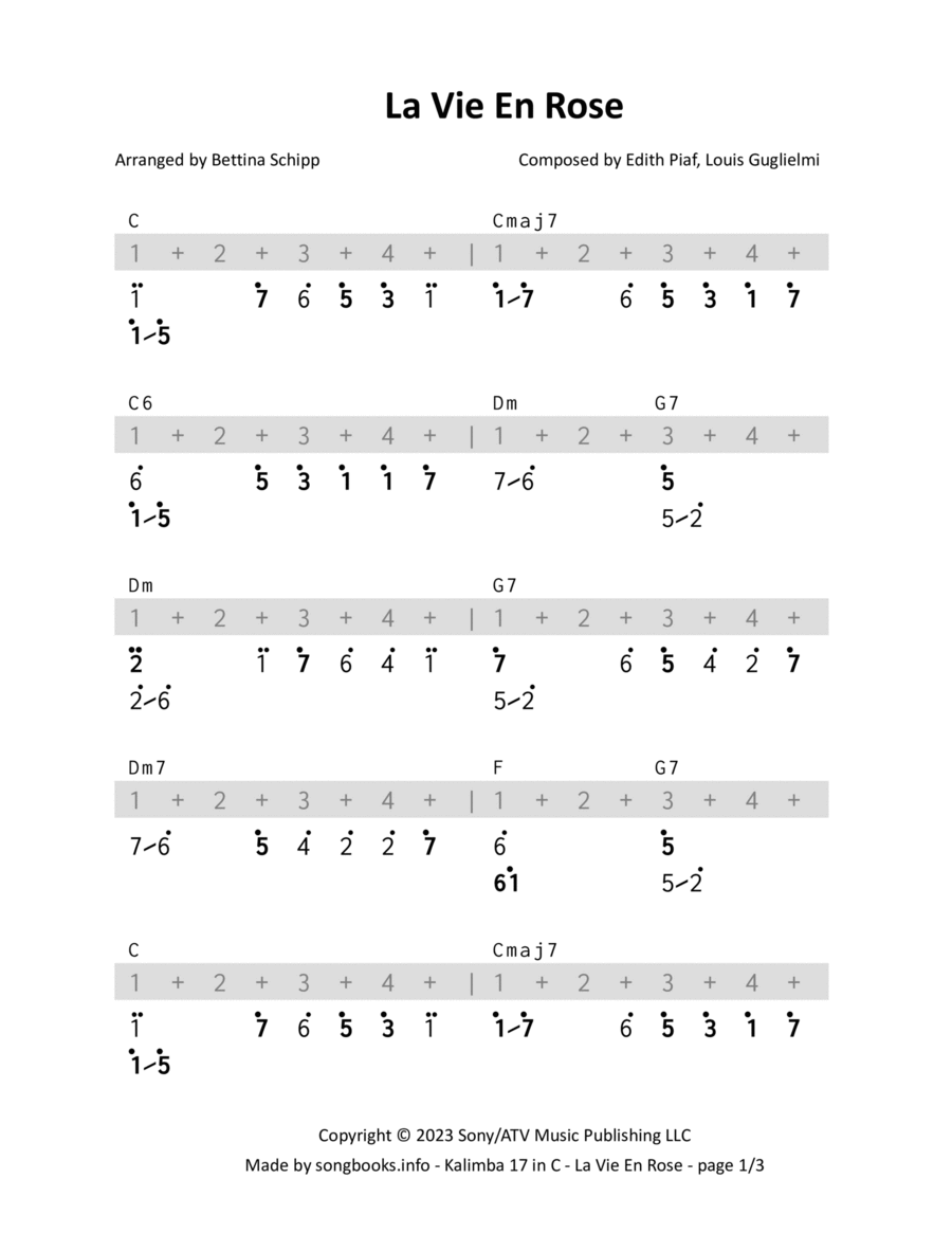 La Vie En Rose Kalimba scores gallery preview page 1