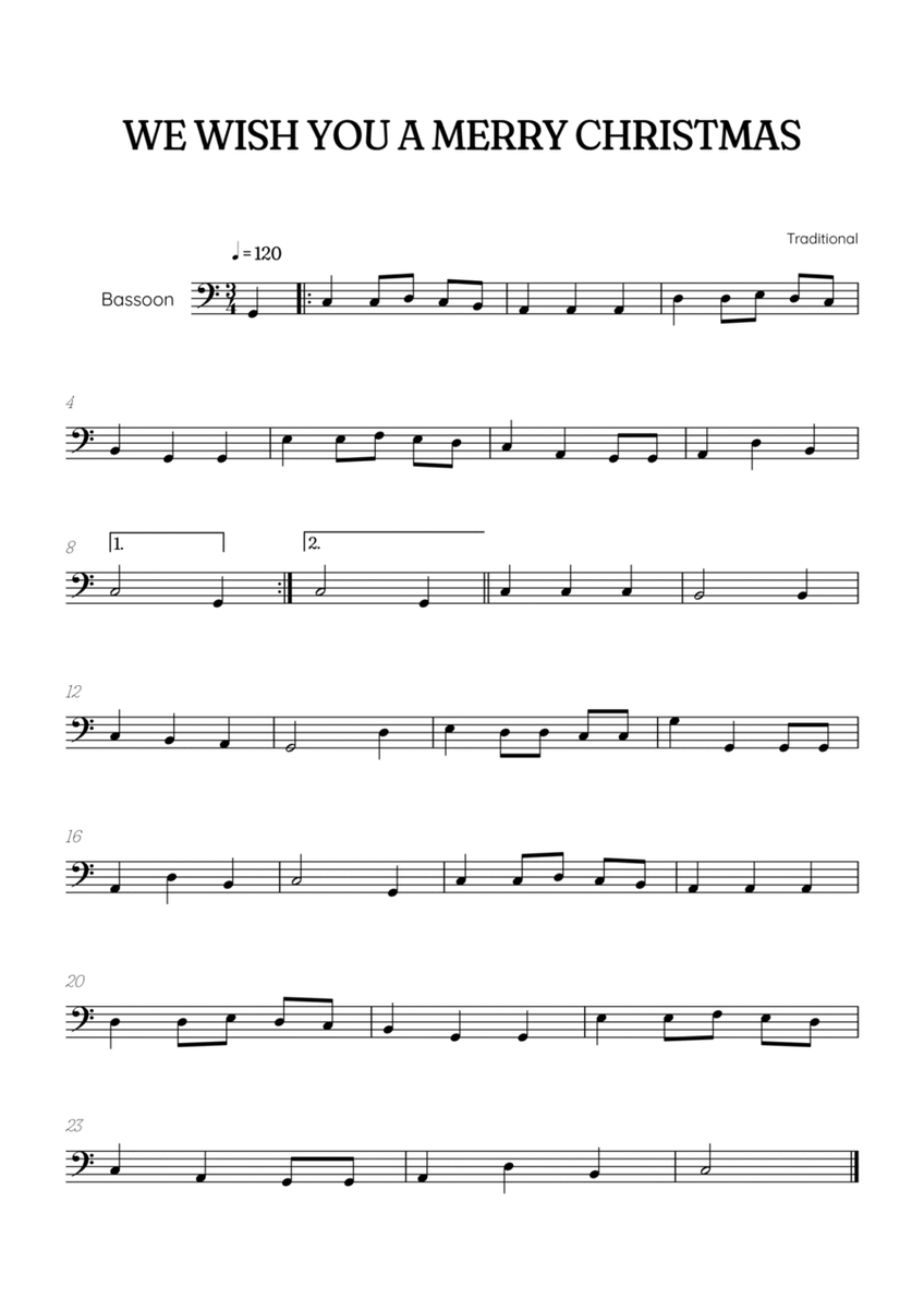 We Wish You a Merry Christmas for bassoon • easy Christmas sheet music image number null