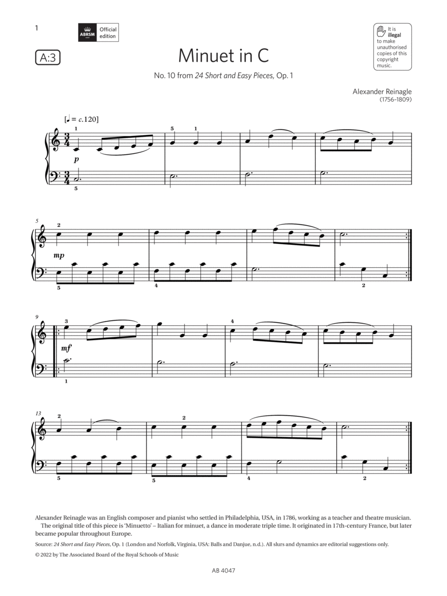 Minuet in C (Grade 1, list A3, from the ABRSM Piano Syllabus 2023 & 2024) Piano Method scores gallery preview page 1