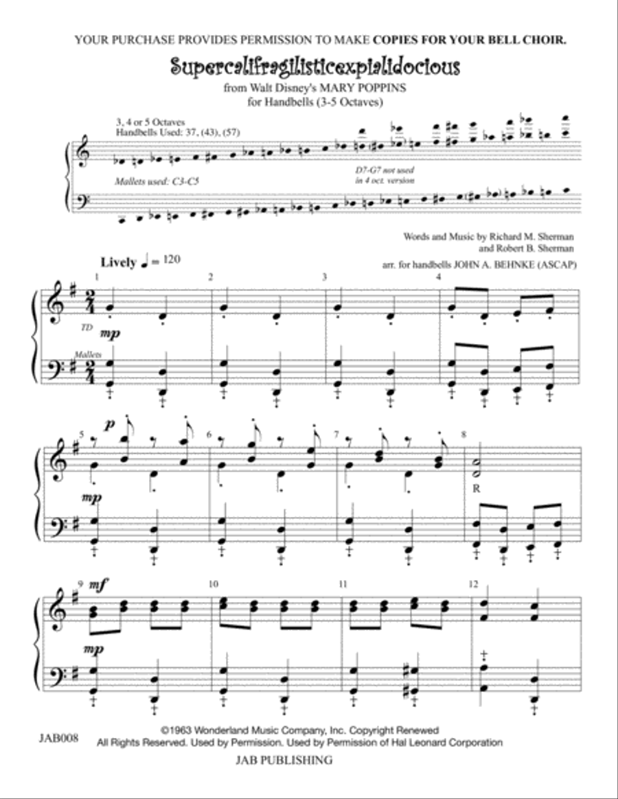 Supercalifragilisticexpialidocious from Walt Disney's MARY POPPINS Handbell Choir scores gallery preview page 1