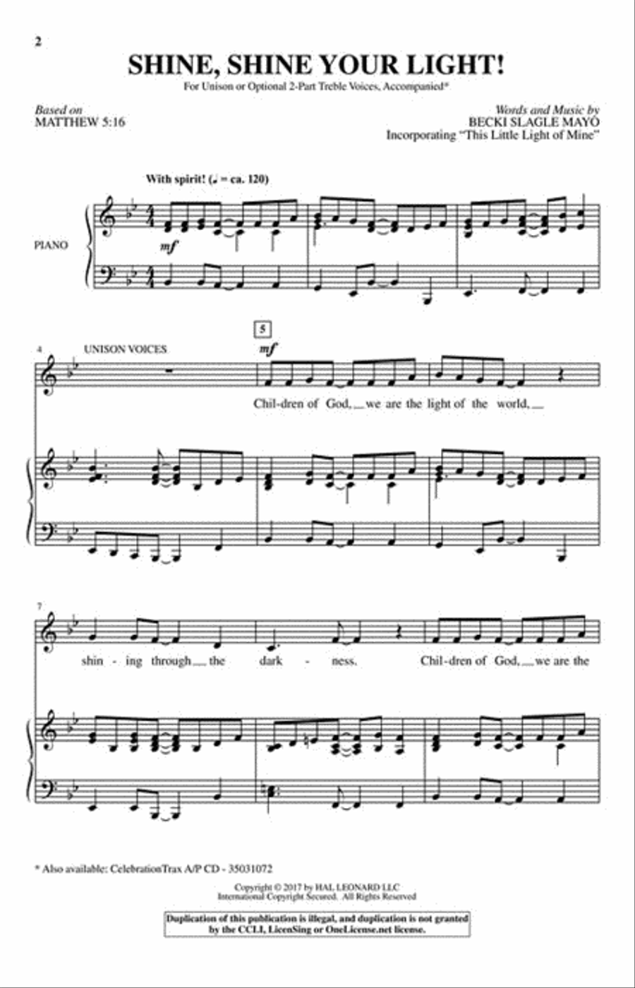 Shine, Shine Your Light! Unison Choir scores gallery preview page 2