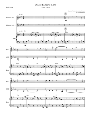 O Mio Babbino Caro (Puccini) for Clarinet in A Duo and Piano Accompaniment with Chords