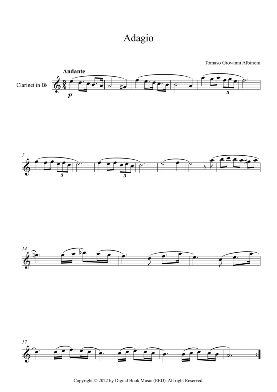 Adagio (In G Minor) - Tomaso Giovanni Albinoni (Clarinet) B-Flat Clarinet scores gallery preview page 1