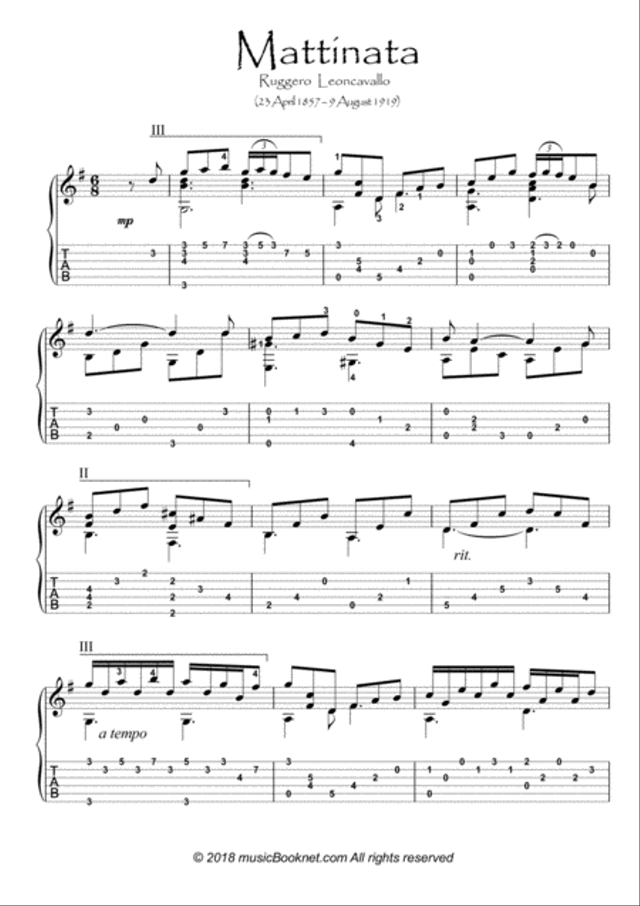 Mattinata by Leoncavallo for Guitar solo Acoustic Guitar scores gallery preview page 1