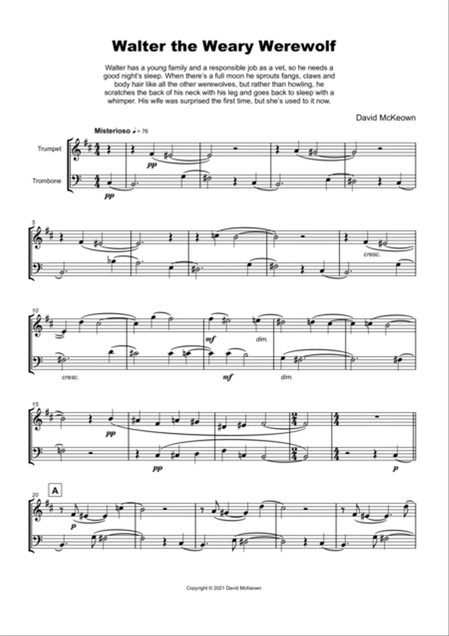 Walter the Weary Werewolf, Halloween Duet for Trumpet and Trombone Brass Duet scores gallery preview page 2