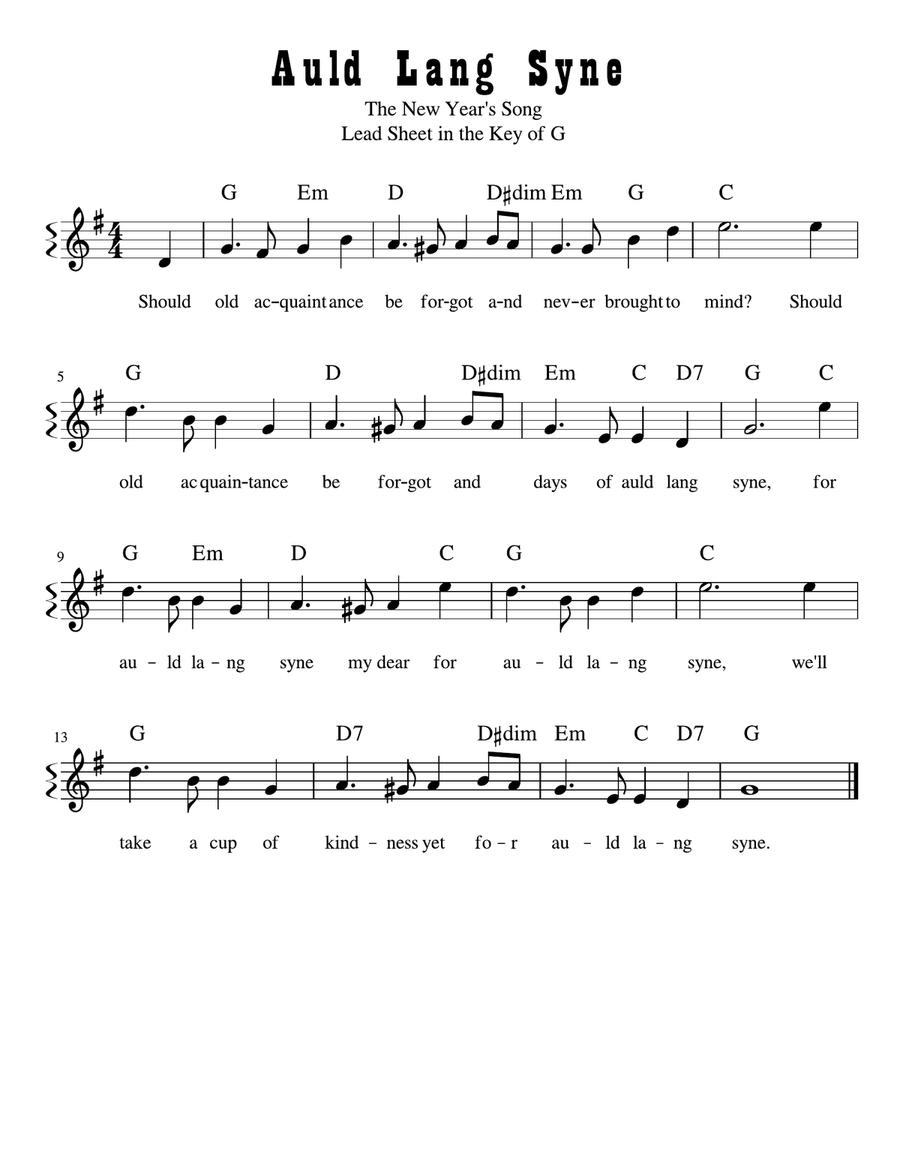 Auld Lang Syne Lead Sheet in G Major