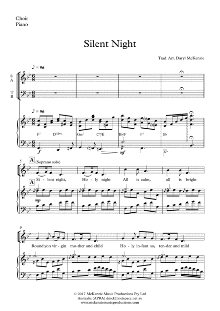 Silent Night SATB Choir and Piano Key of Bb 4-Part scores gallery preview page 3