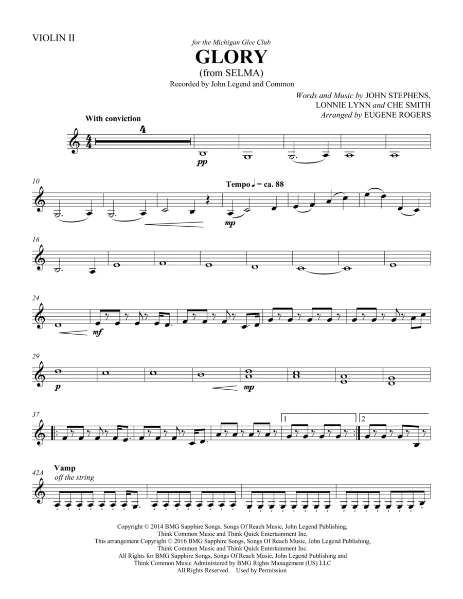 Glory (from Selma) (arr. Eugene Rogers) - Violin 2 Choir scores gallery preview page 1