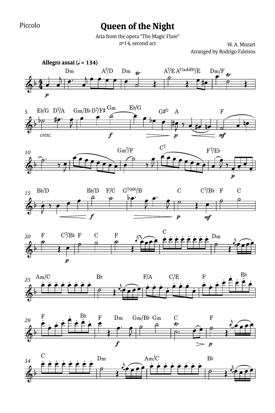 Queen of the Night - for solo piccolo (with chords) Chamber Music scores gallery preview page 1