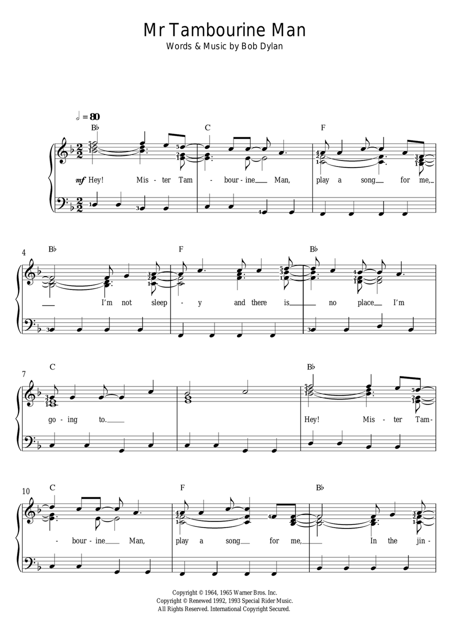Mr. Tambourine Man Easy Piano scores gallery preview page 1