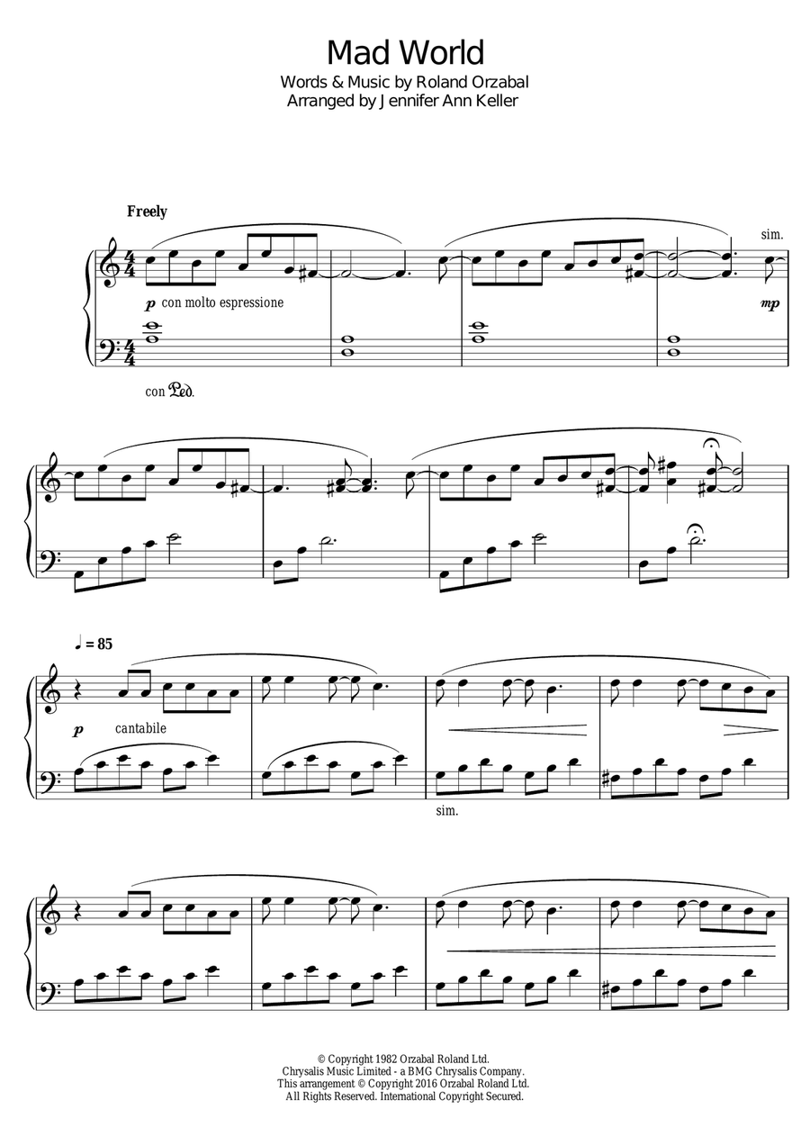 Mad World Piano Solo scores gallery preview page 1