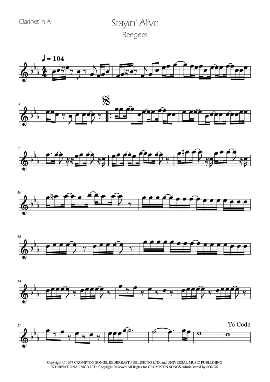 Stayin' Alive A Clarinet scores gallery preview page 1