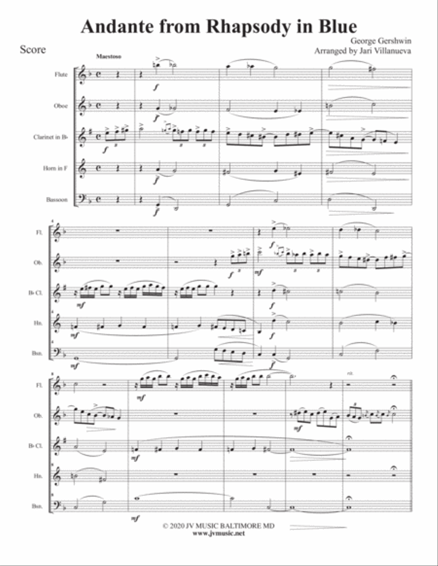 Andante from Rhapsody in Blue for Woodwind Quintet Andante from Rhapsody in Blue for Woodwind Quintet Woodwind Quintet scores gallery preview page 2