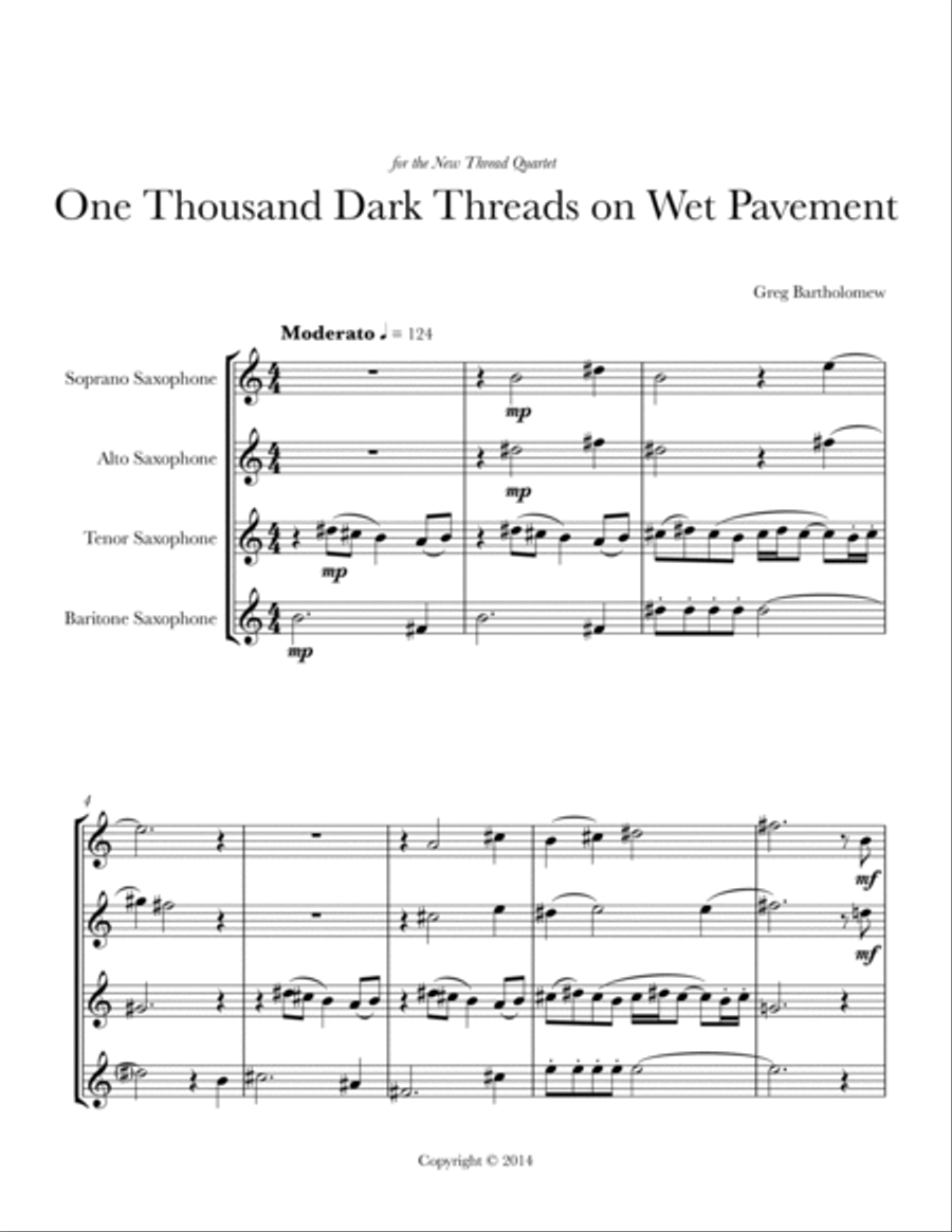 One Thousand Dark Threads on Wet Pavement (sax quartet) Saxophone Quartet scores gallery preview page 2