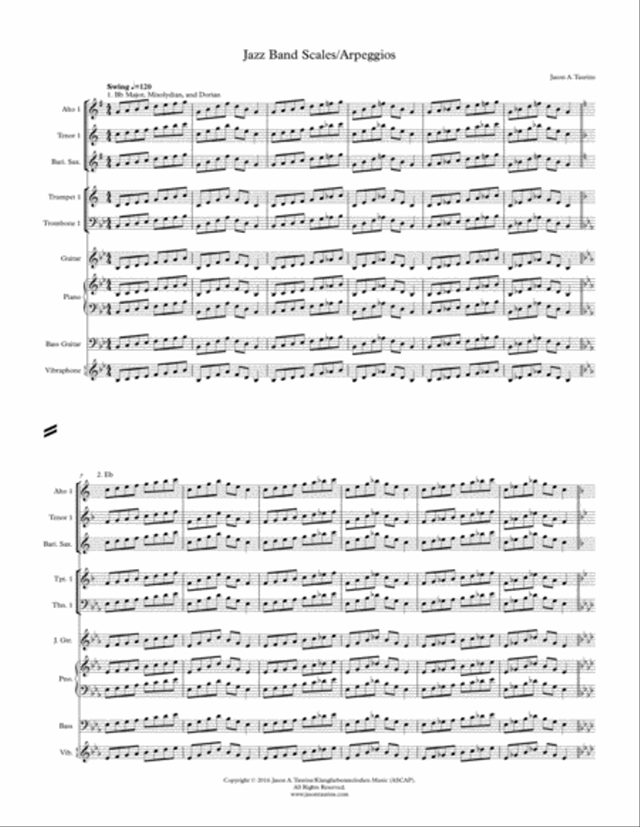 Jazz Band Scales/Arpeggios (Major, Mixolydian, Dorian, Blues) In All Keys Jazz Ensemble scores gallery preview page 1